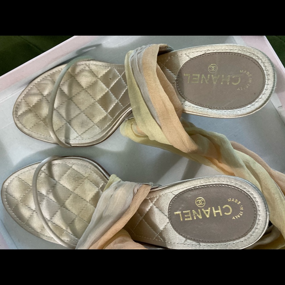 Authentic Chanel Silk Tie Resortwear Sandals Sz 7